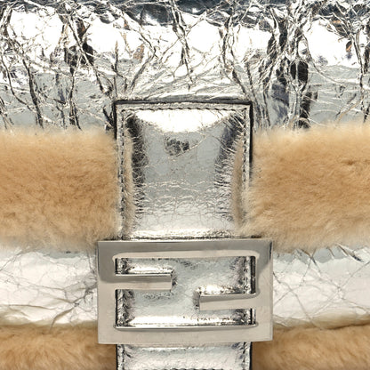 Fendi Craquele Lambskin Sheepskin Fur Baguette Argento 8 of 10