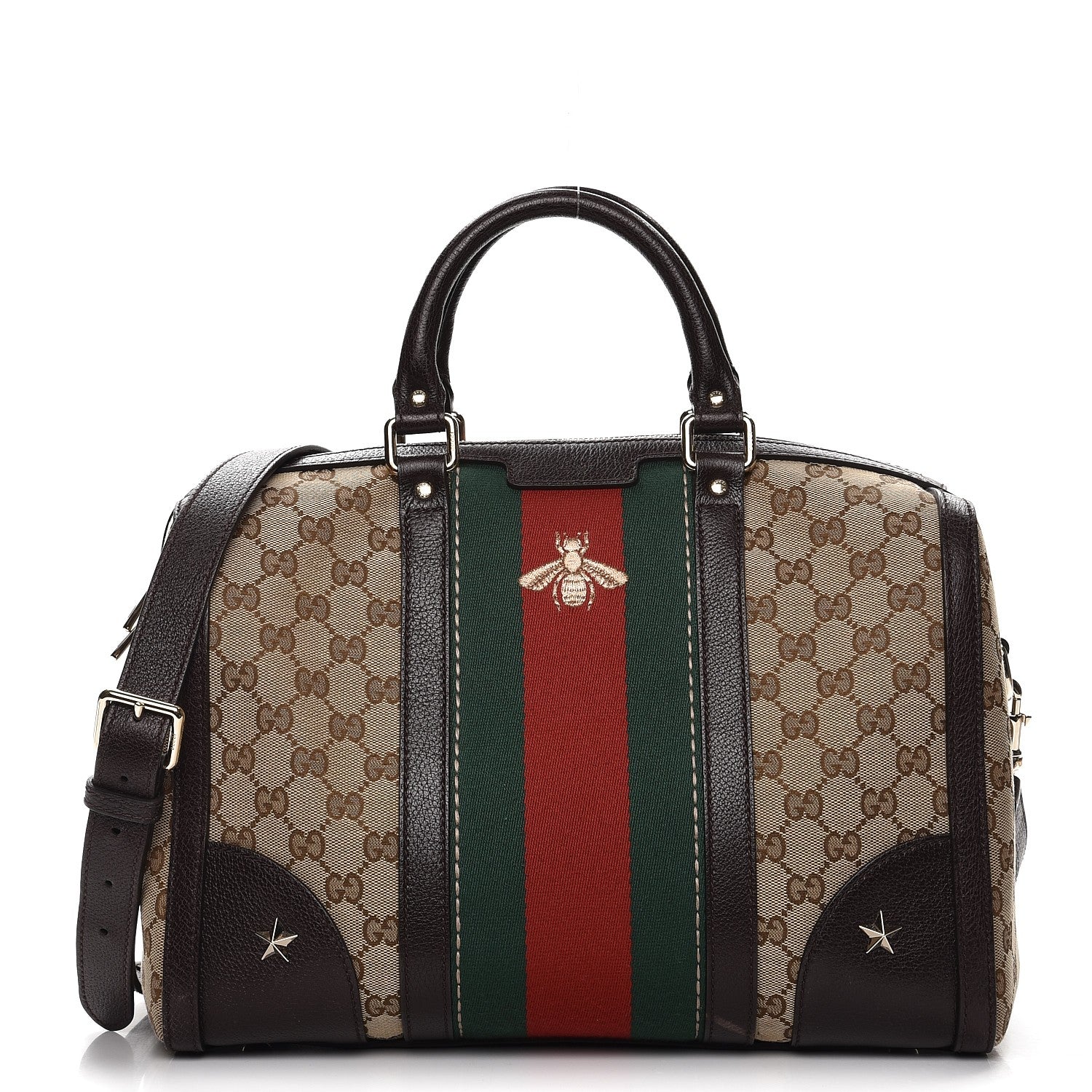 Gucci Monogram Vintage Web Medium Webby Bee Boston Dark Brown 1 of 9