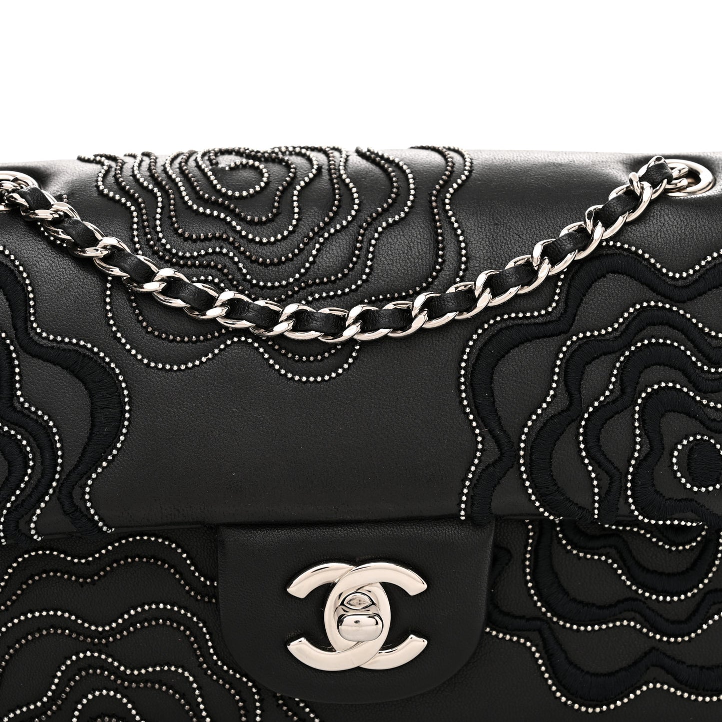 Lambskin Embroidered Camellia Follies Flap Black