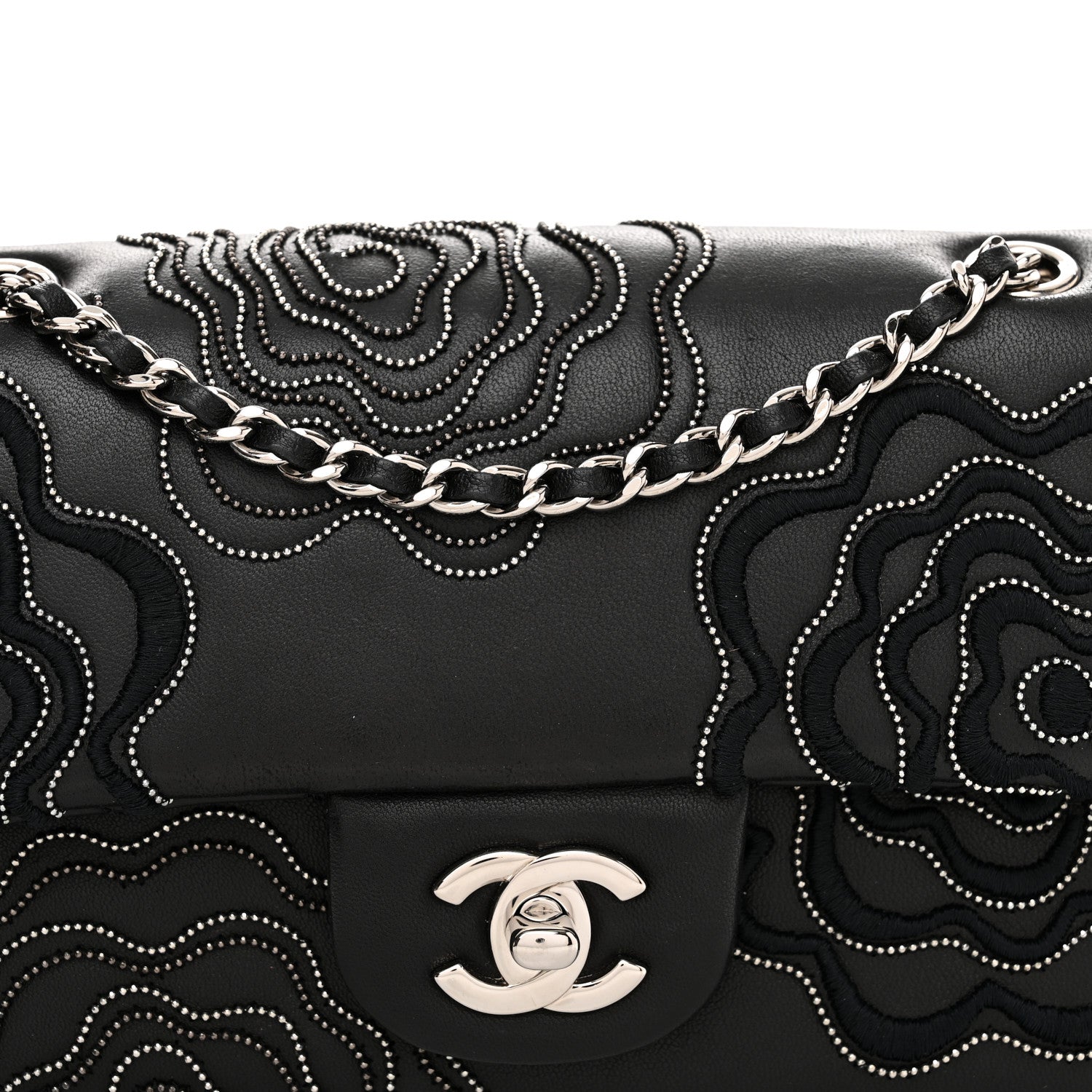 Chanel Lambskin Embroidered Camellia Follies Flap Black 8 of 13