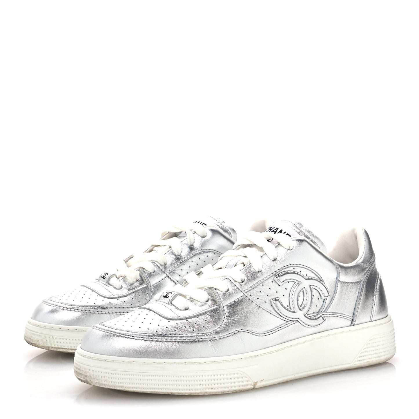 Laminated Calfskin CC Womens Sneakers 38.5 Silver