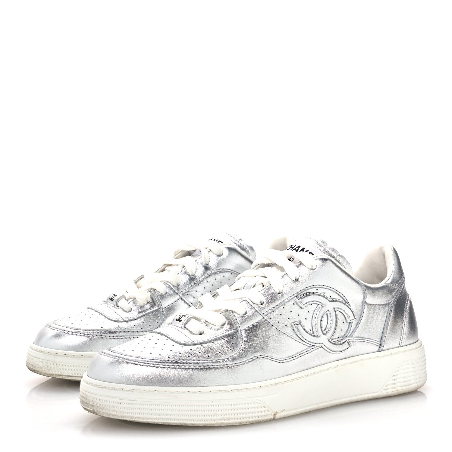 Chanel Laminated Calfskin CC Womens Sneakers 38.5 Silver 4 of 9