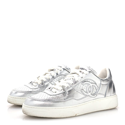Chanel Laminated Calfskin CC Womens Sneakers 38.5 Silver 4 of 9