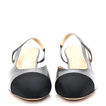 Chanel Goatskin Grosgrain Cap Toe CC Slingback Pumps 37.5 Black 2 of 9