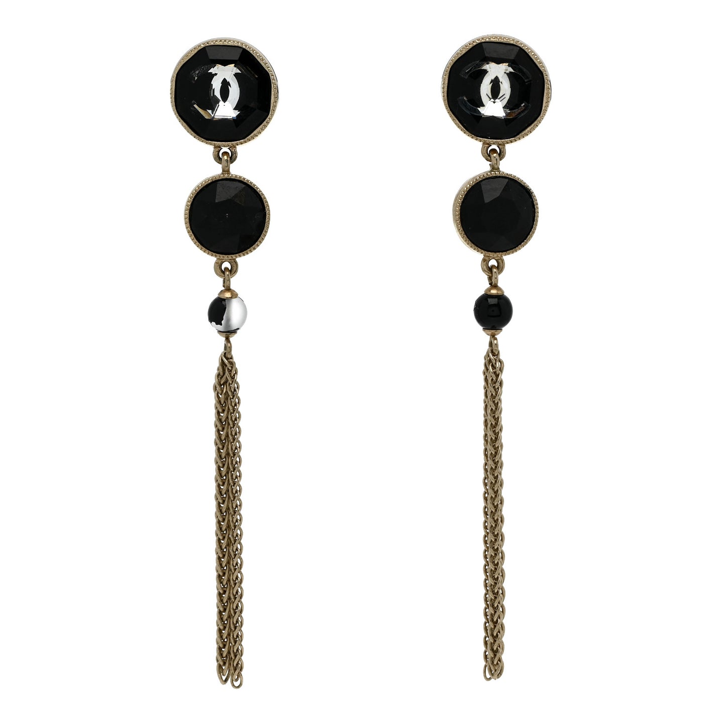 Crystal CC Chain Tassel Drop Earrings Gold Black