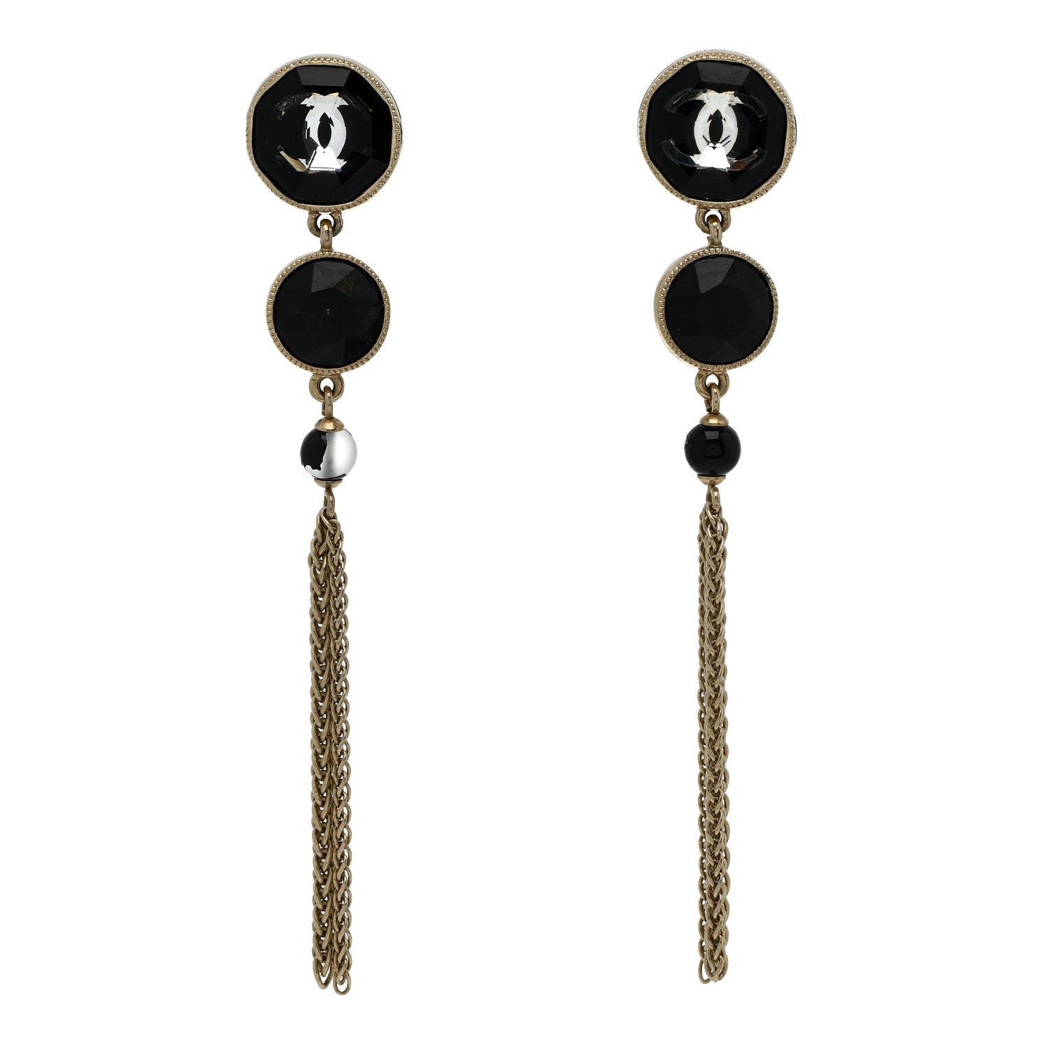 Chanel Crystal CC Chain Tassel Drop Earrings Gold Black 1 of 6