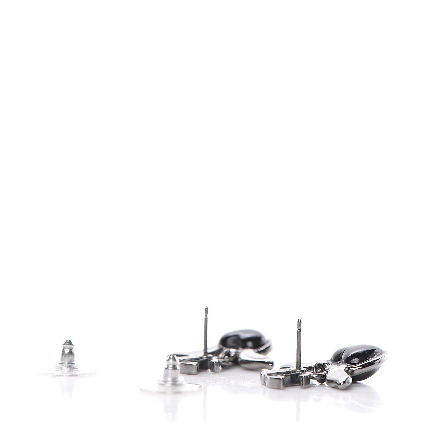 Enamel Crystal Heart CC Drop Earrings Black Silver