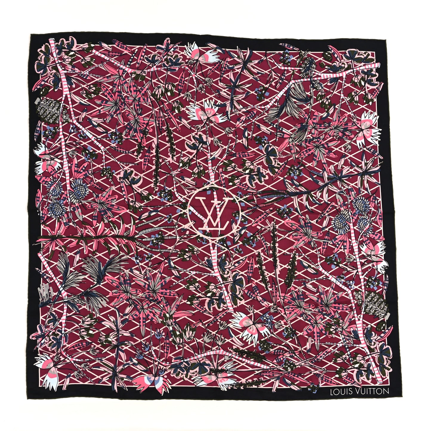 Silk Floral Print Square Scarf Purple Pink Black