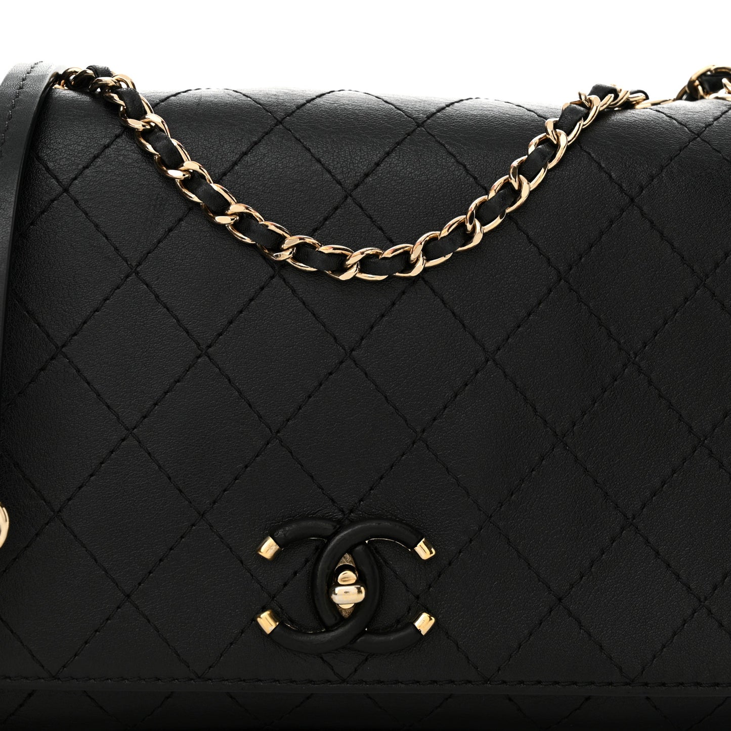 Calfskin Stitched Medium Covered CC Flap Bag Black