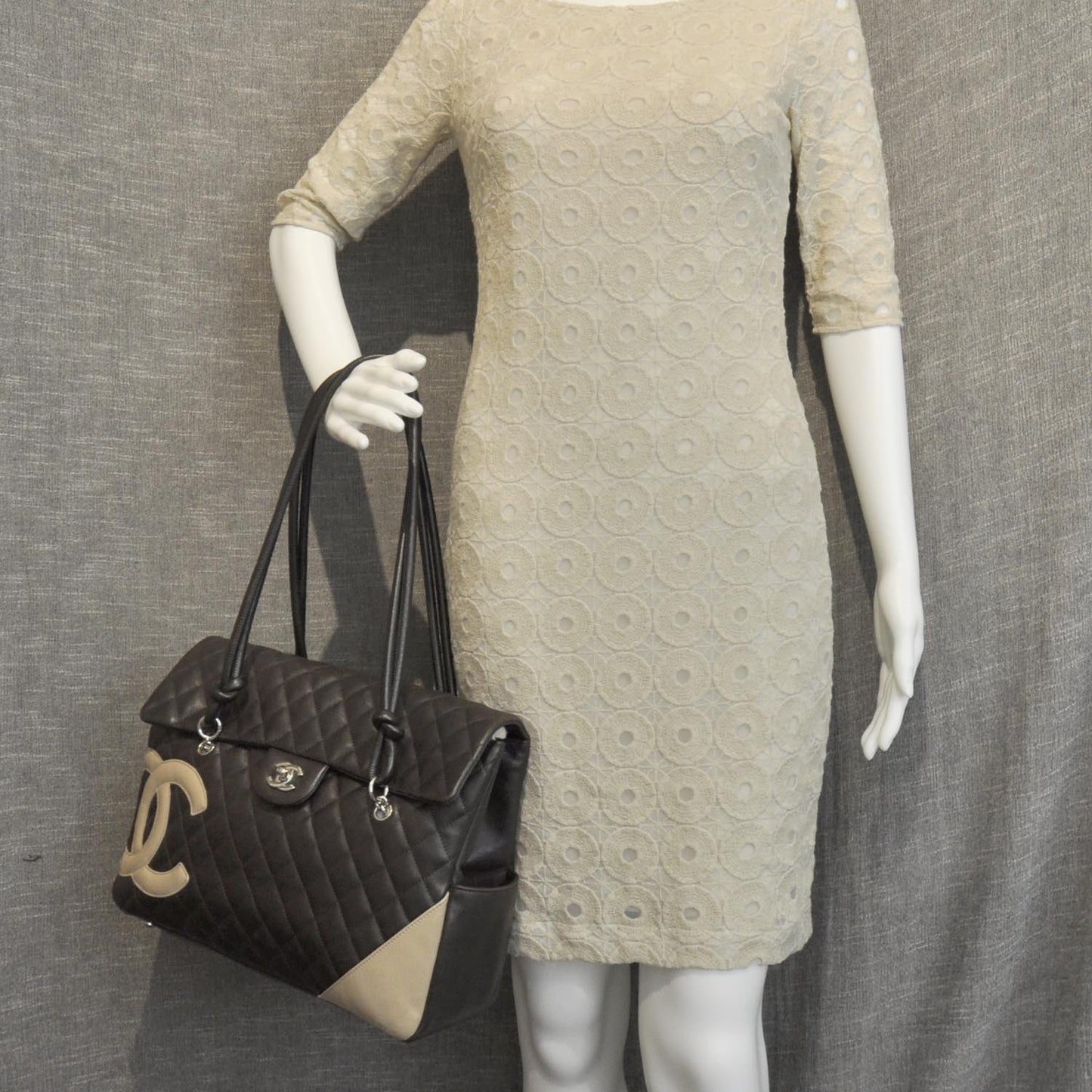 Calfskin Quilted Large Cambon Flap Brown Beige