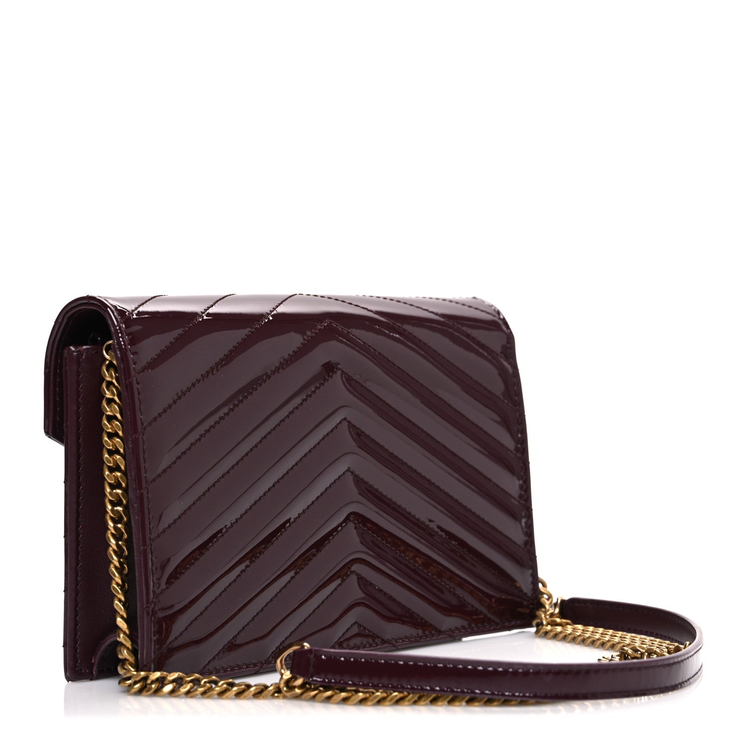 Saint Laurent Patent Calfskin Matelasse Chevron Monogram Envelope Chain Wallet Dark Red Wine 3 of 10