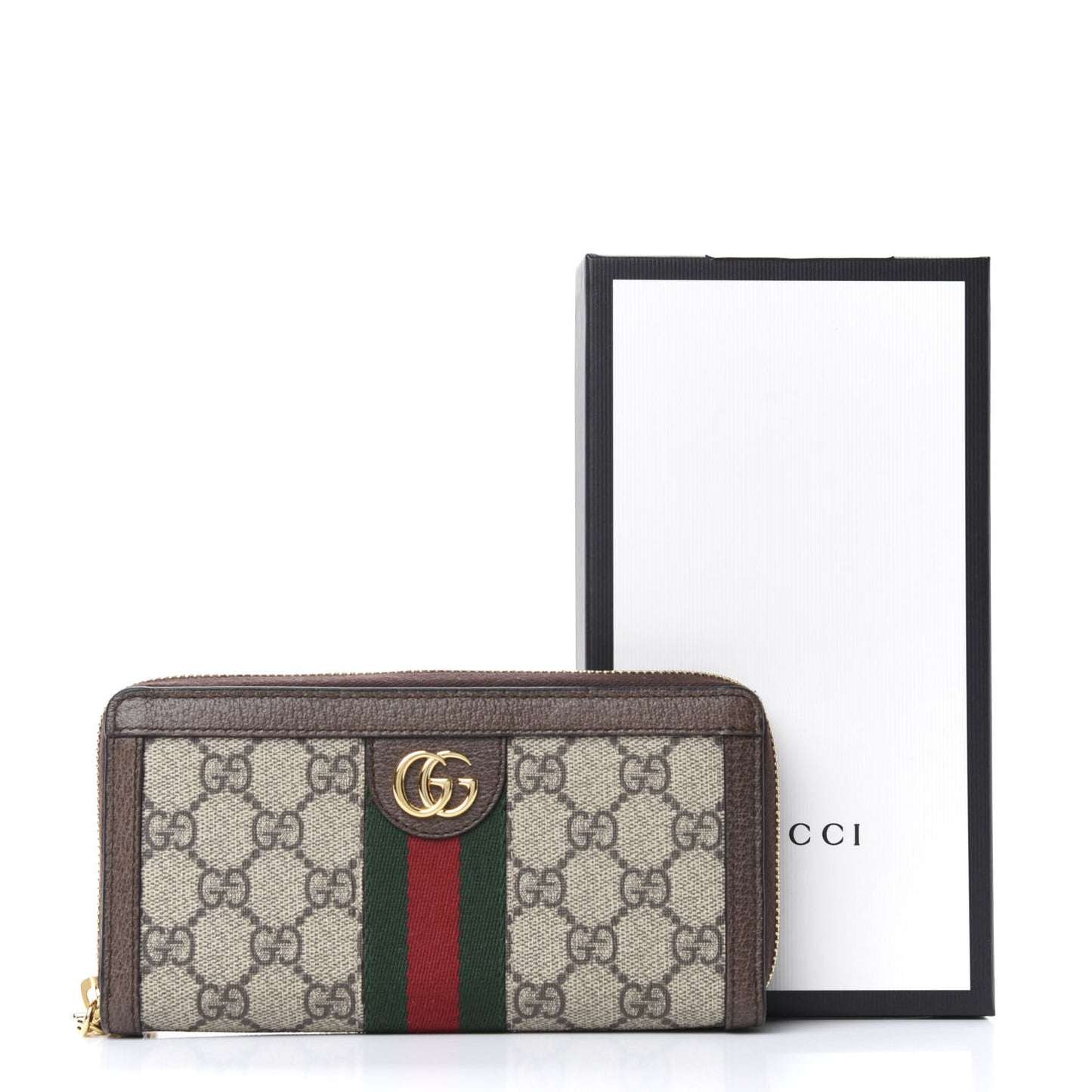 GG Supreme Monogram Web Ophidia Zip Around Wallet Brown