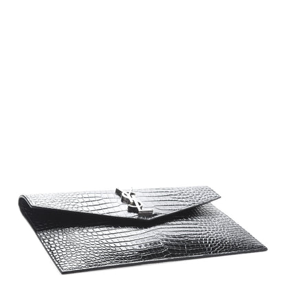 Saint Laurent Calfskin Crocodile Embossed Uptown Monogram Clutch Black 4 of 10