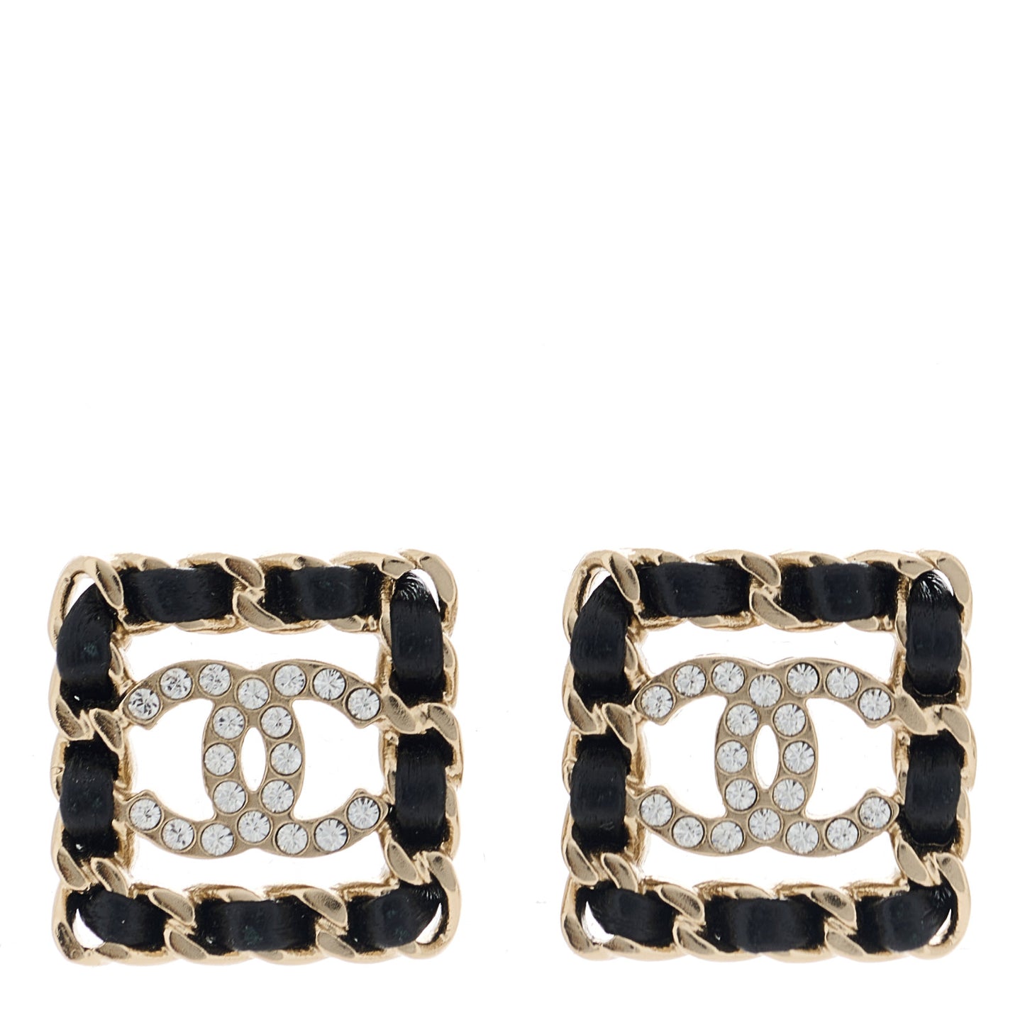 Crystal Lambskin Chain Sergeant Chanel Stud Earrings Black Gold