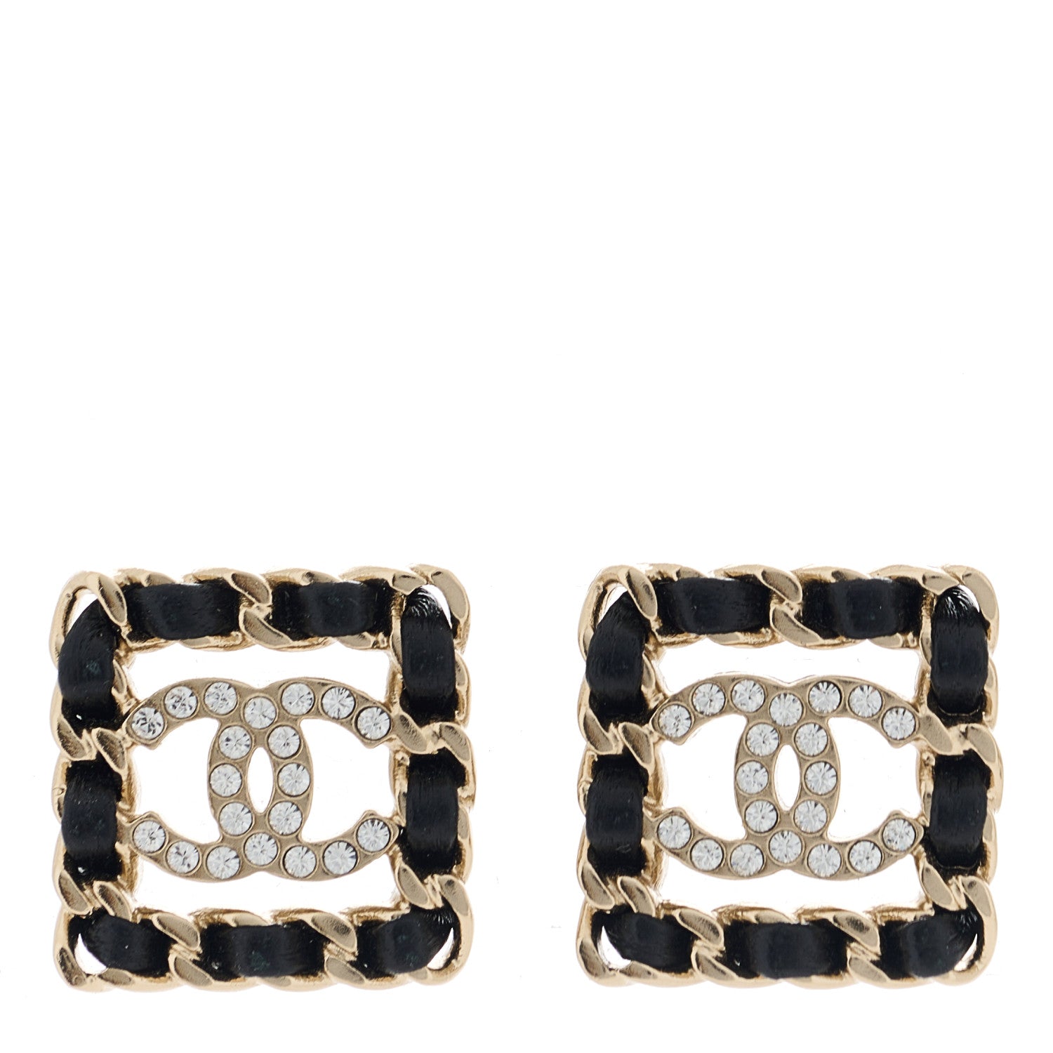Chanel Crystal Lambskin Chain Sergeant Chanel Stud Earrings Black Gold 1 of 5