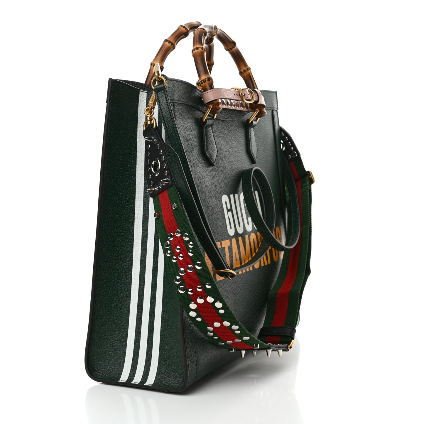 X Adidas Textured Dollar Calfskin Stripe Studded Large Diana Tote Bag Green Multicolor