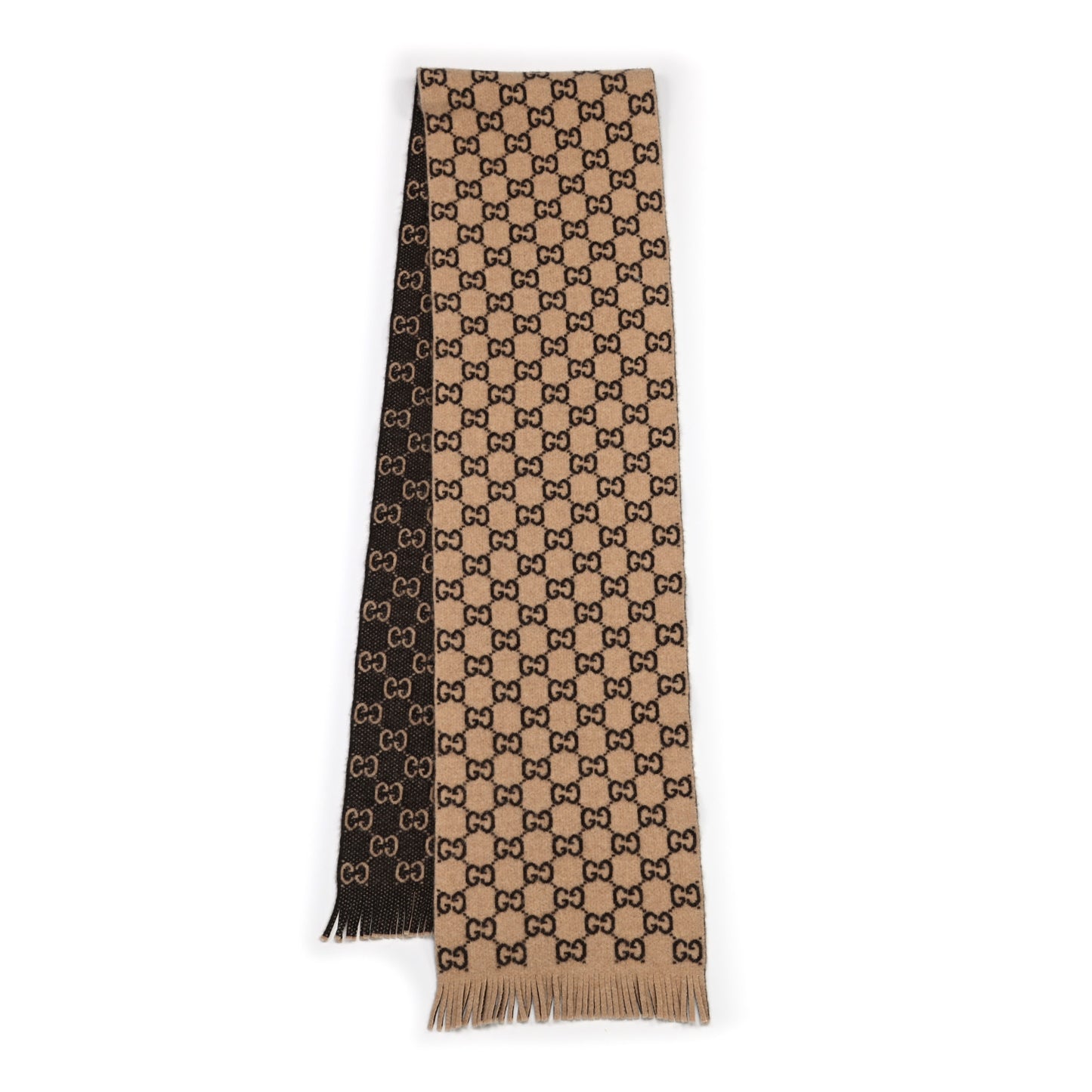 Wool GG Monogram Knit Longfog Scarf Beige Dark Brown