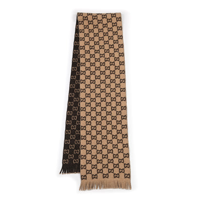 Gucci Wool GG Monogram Knit Longfog Scarf Beige Dark Brown 2 of 4