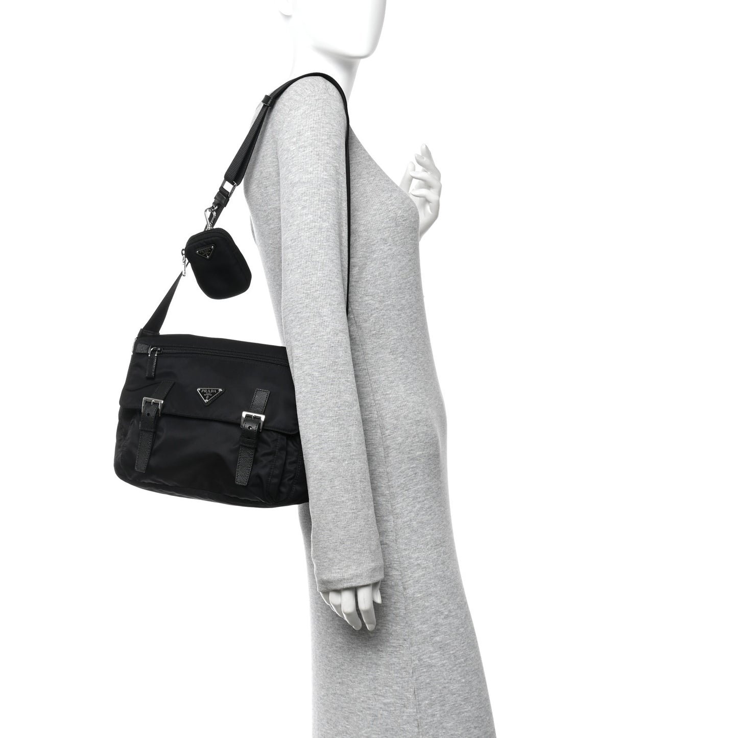Re-Nylon Vela Saffiano Pocket Double Buckle Messenger Shoulder Bag Black