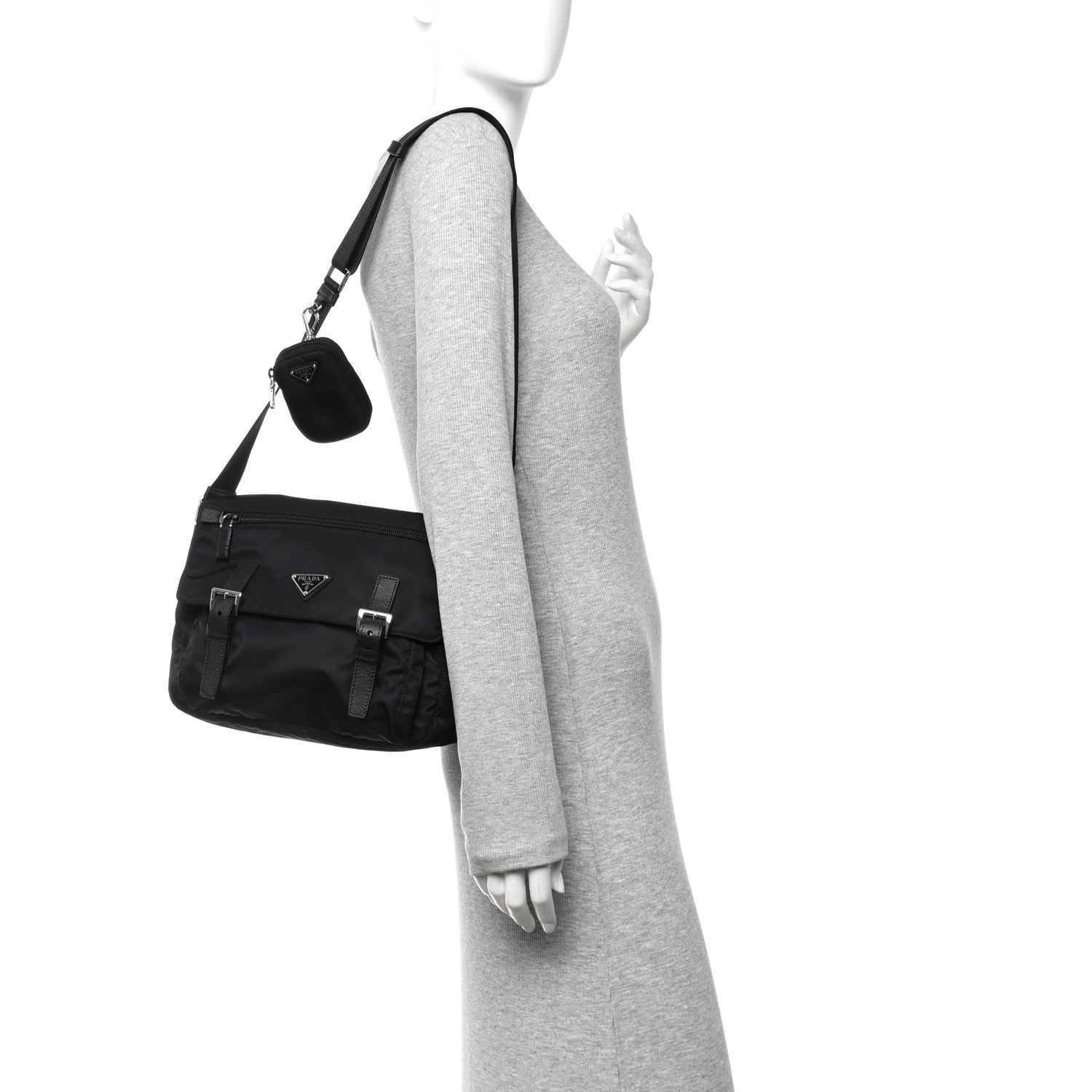 Prada Re-Nylon Vela Saffiano Pocket Double Buckle Messenger Shoulder Bag Black 2 of 10