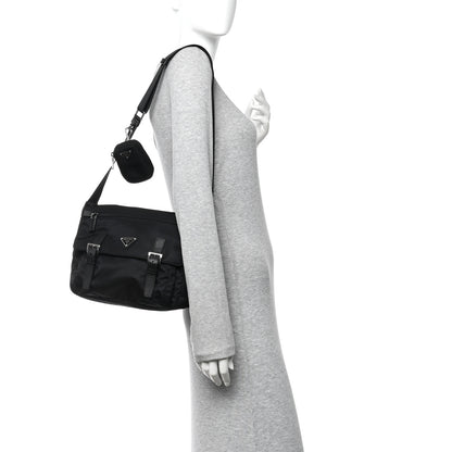 Prada Re-Nylon Vela Saffiano Pocket Double Buckle Messenger Shoulder Bag Black 2 of 10