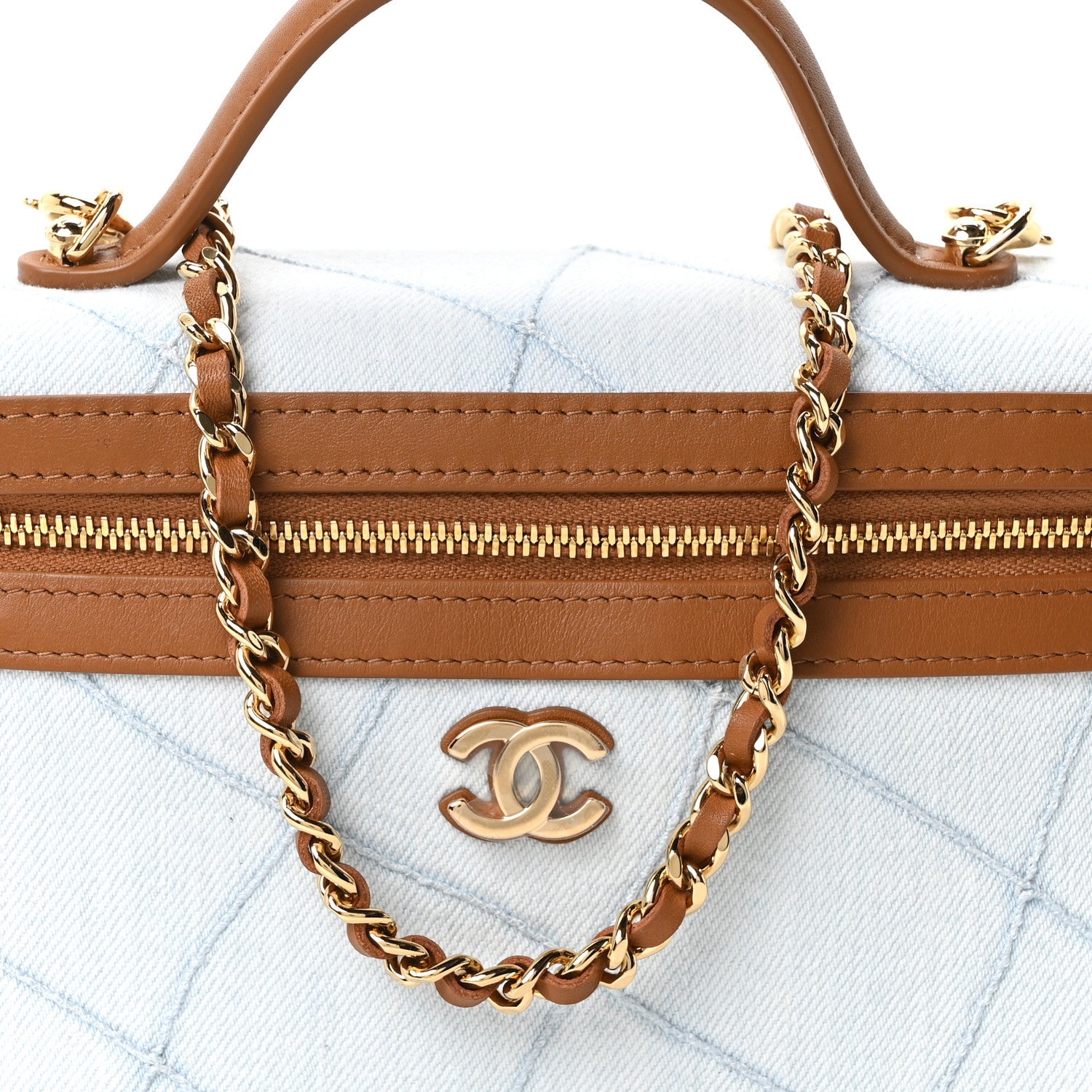 Chanel Washed Denim Calfskin Quilted Top Handle Slim Vanity Case With Chain Blue Brown 8 of 11