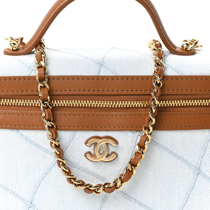 Chanel Washed Denim Calfskin Quilted Top Handle Slim Vanity Case With Chain Blue Brown 8 of 11