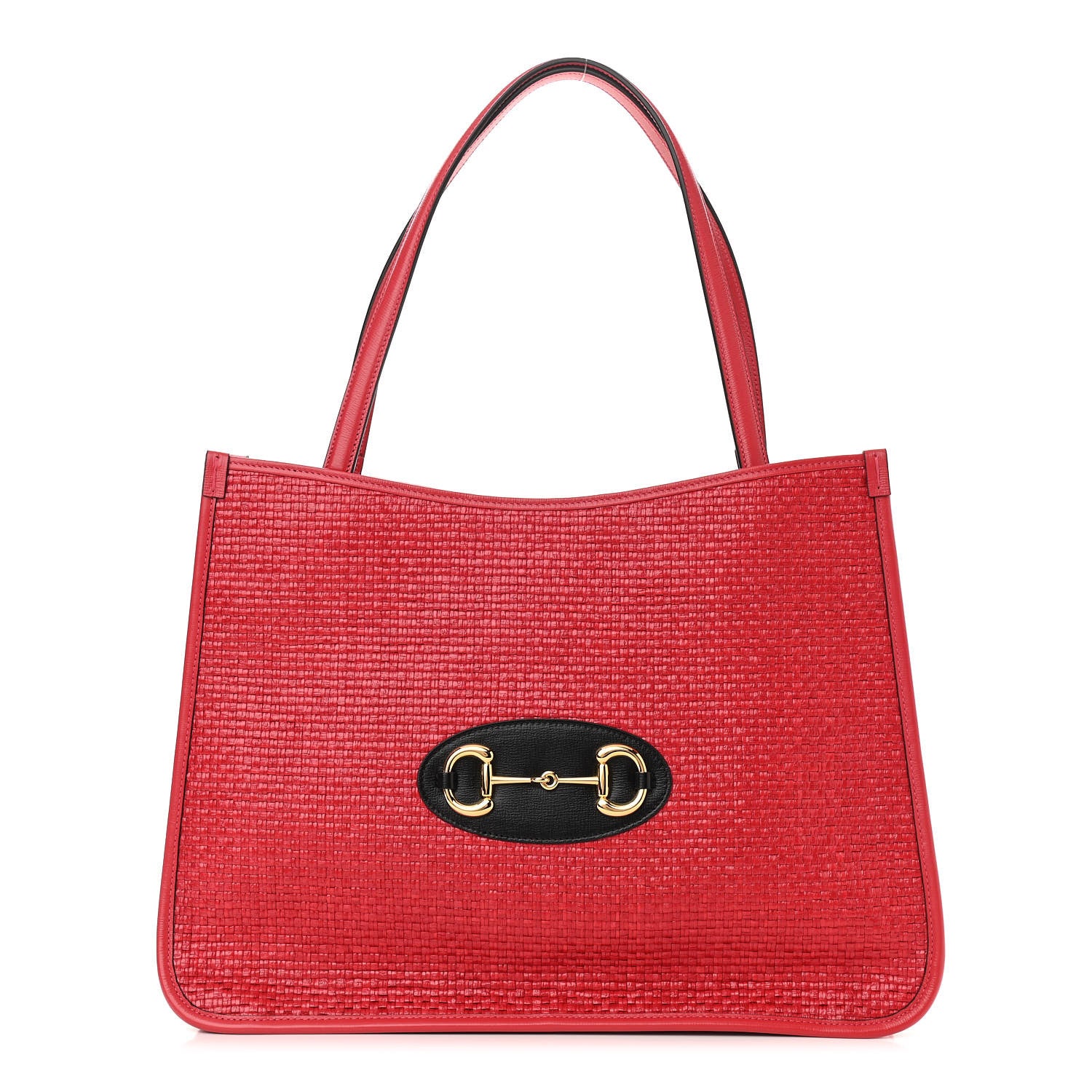 Gucci Straw Azalea Calfskin Horsebit 1955 Tote Bag Coral Wave Black 1 of 10