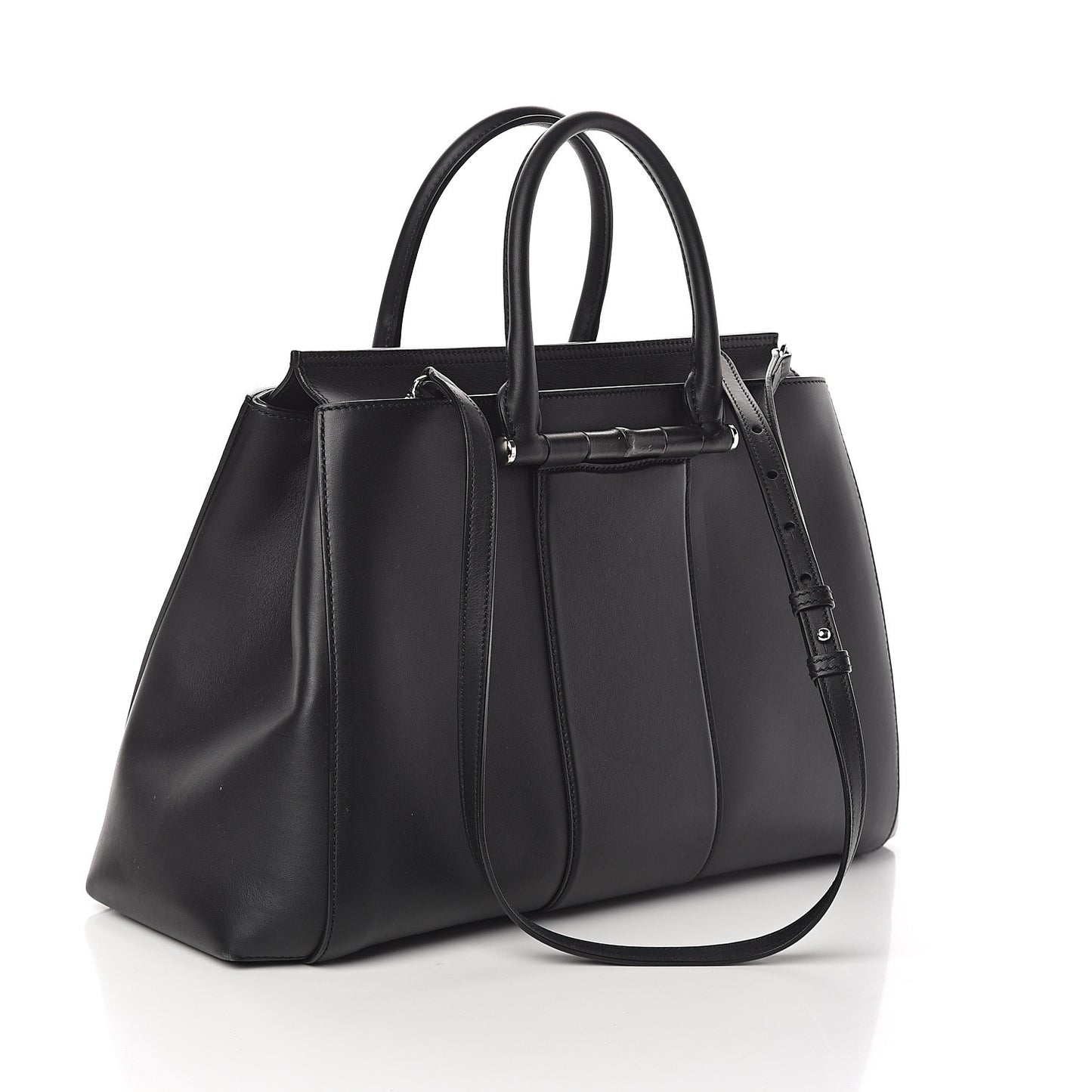 Calfskin Lady Bamboo Top Handle Bag Black