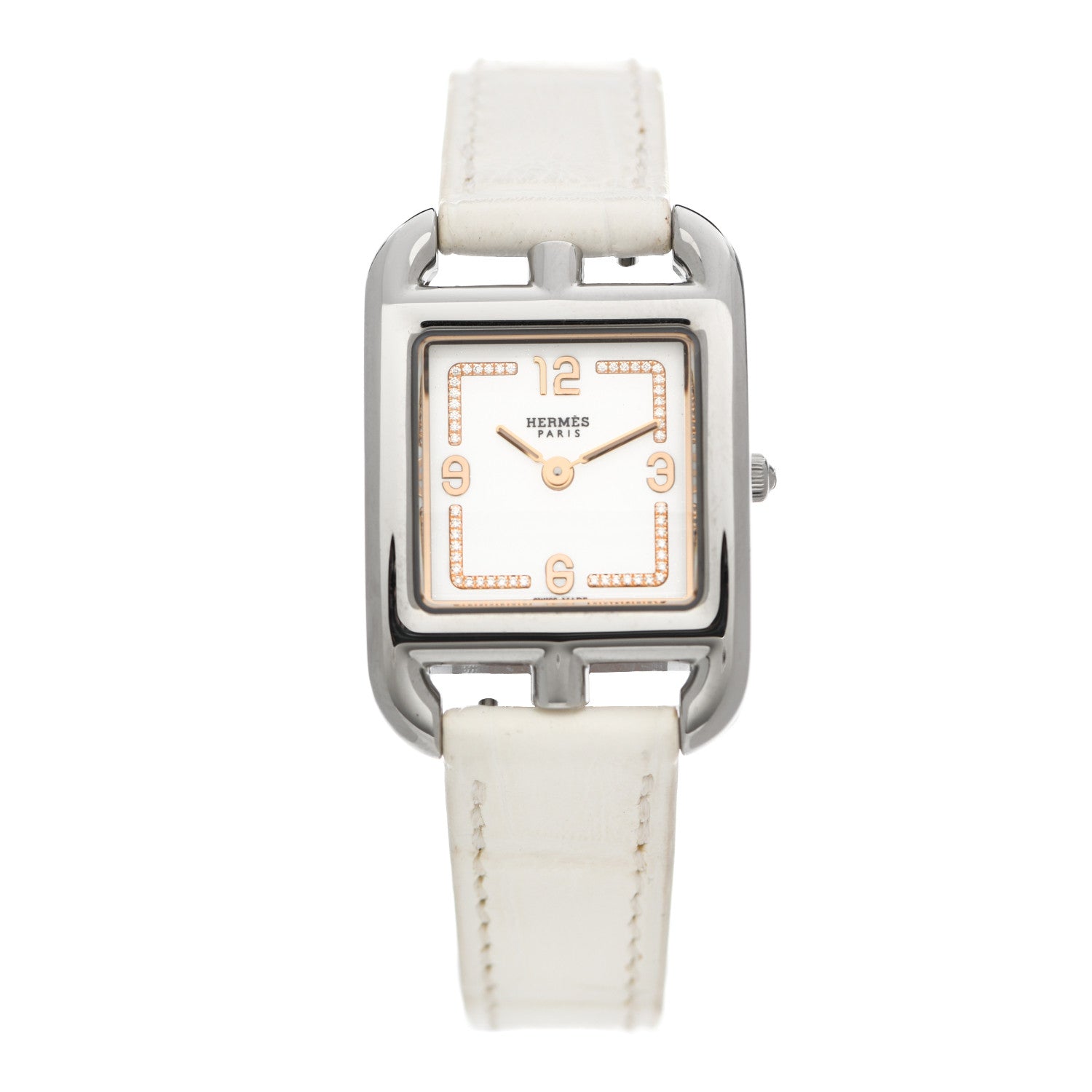 Hermes Stainless Steel Alligator Diamond 23mm Cape Cod Quartz Watch Blanc 1 of 5