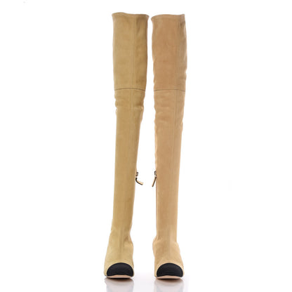 Chanel Suede Lambskin Grosgrain Stretch Cap Toe Over The Knee Boots 37.5 Beige Black 2 of 7