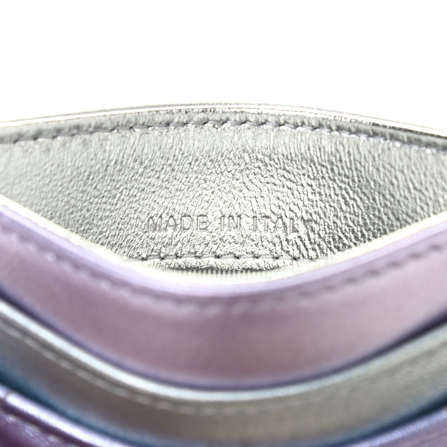 Gradient Metallic Calfskin Quilted Card Holder Silver Blue Yellow Purple