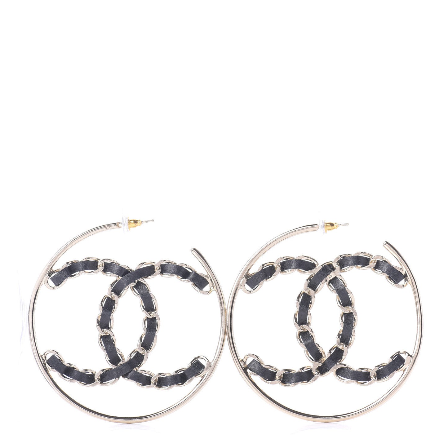 Lambskin CC Chain Hoop Earrings Black Gold