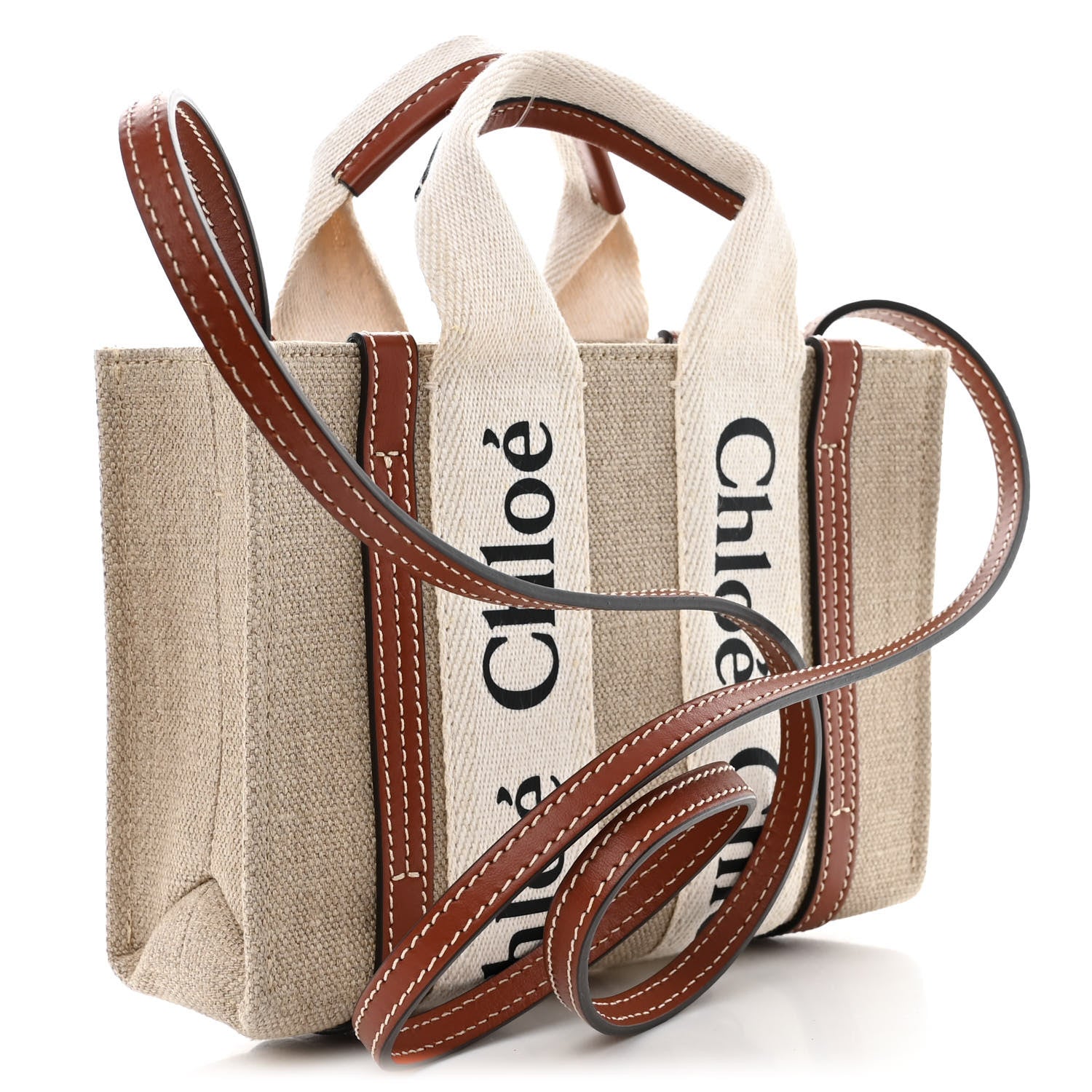 Chloe Cotton Calfskin Mini Woody Ribbon Tote White Brown 3 of 10