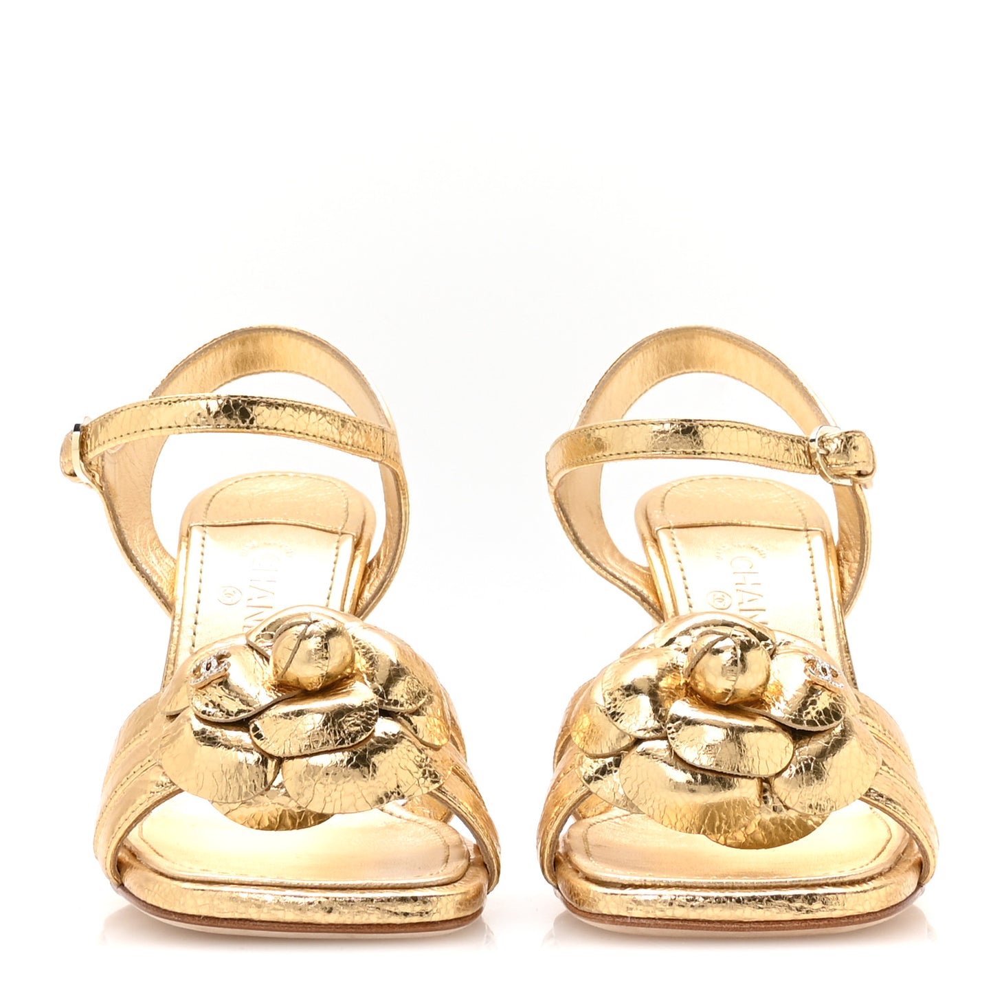 Laminated Lambskin Camellia Sandals 37.5 Gold
