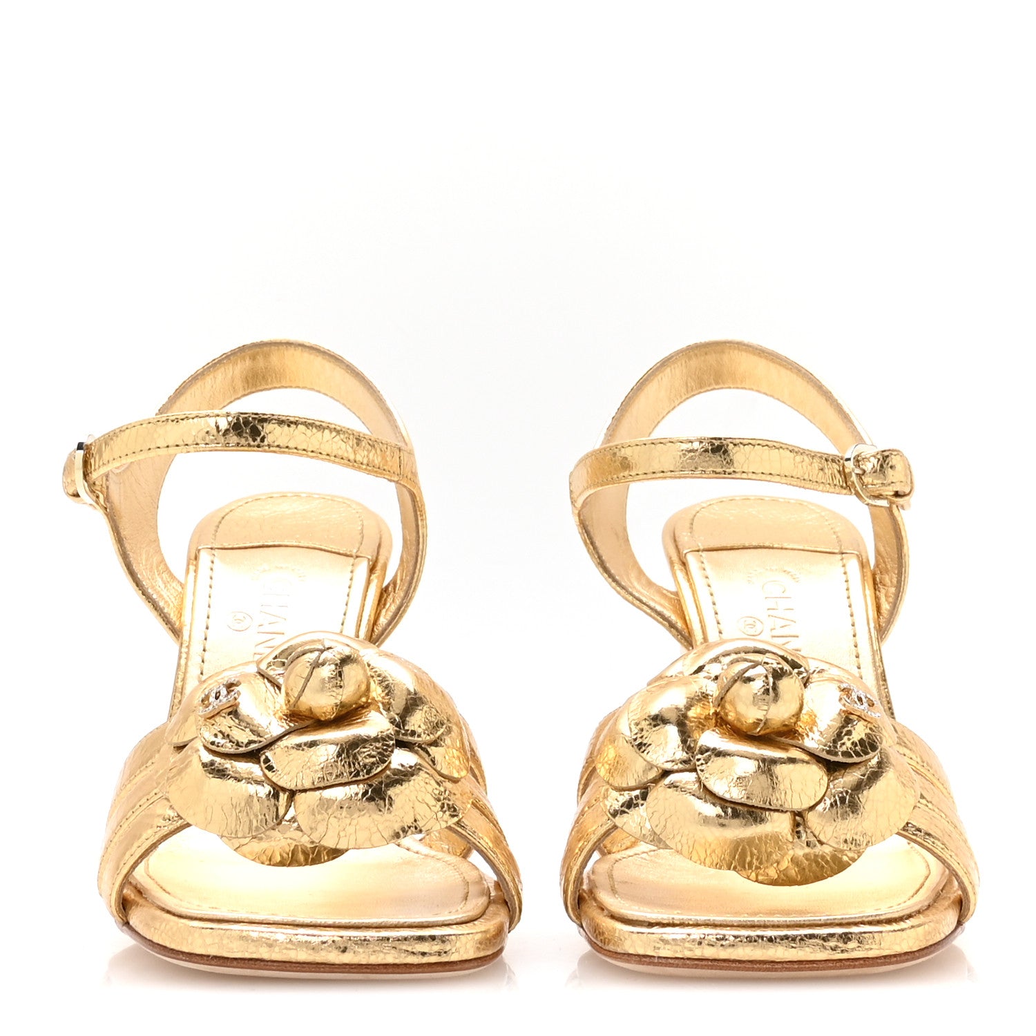 Chanel Laminated Lambskin Camellia Sandals 37.5 Gold 3 of 9