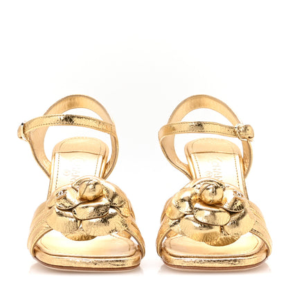 Chanel Laminated Lambskin Camellia Sandals 37.5 Gold 3 of 9