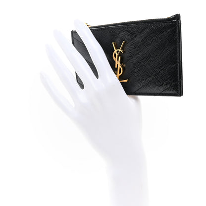 Saint Laurent Grain De Poudre Matelasse Chevron Monogram Fragments Zippered Card Case Black 2 of 7
