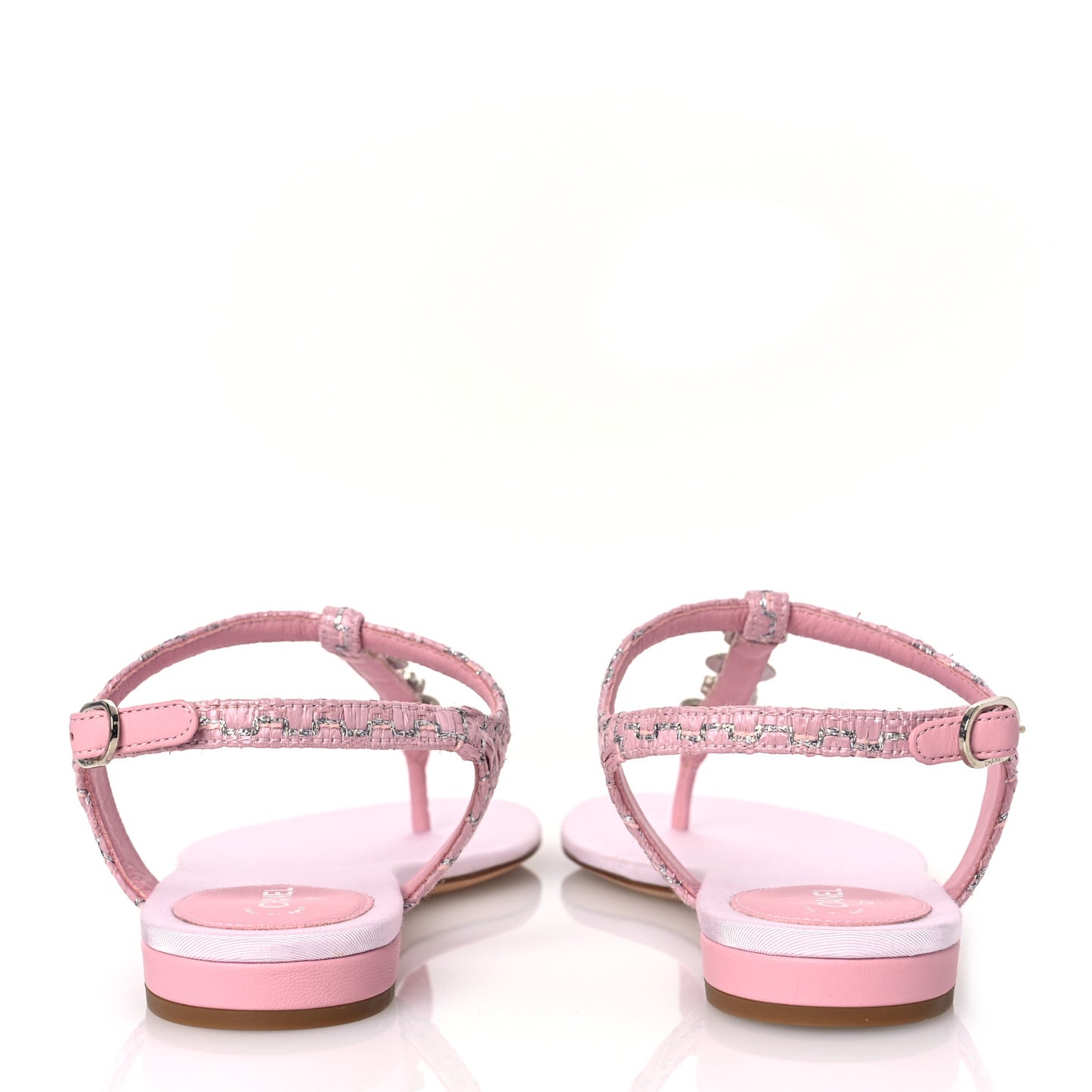 Tweed CC Charm Thong Sandals 39 Pink Silver