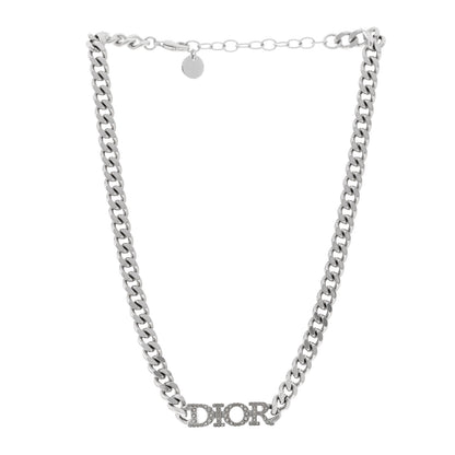 Christian Dior Metal Crystal Logo Chain Link Necklace Silver 3 of 5