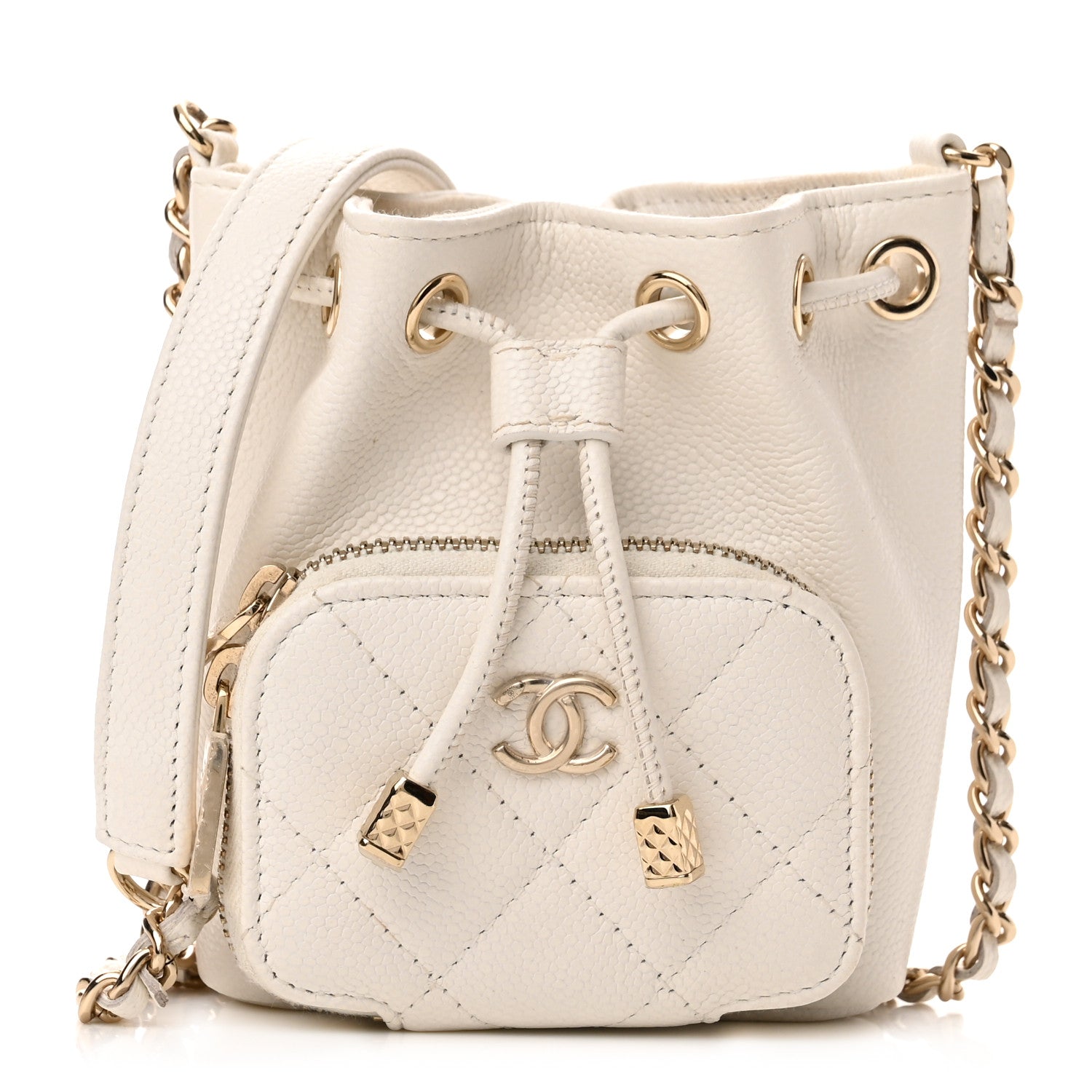 Chanel Caviar Quilted Mini CC Pocket Bucket Bag White 1 of 11