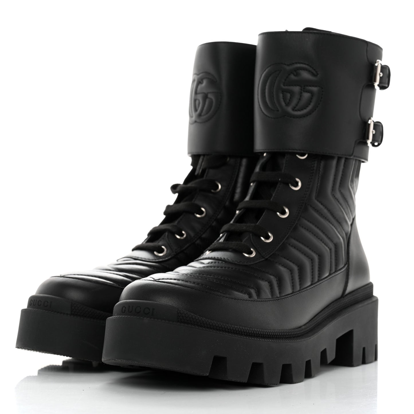 Nappa Frances GG Matelasse Platform Combat Boots 39.5 Black