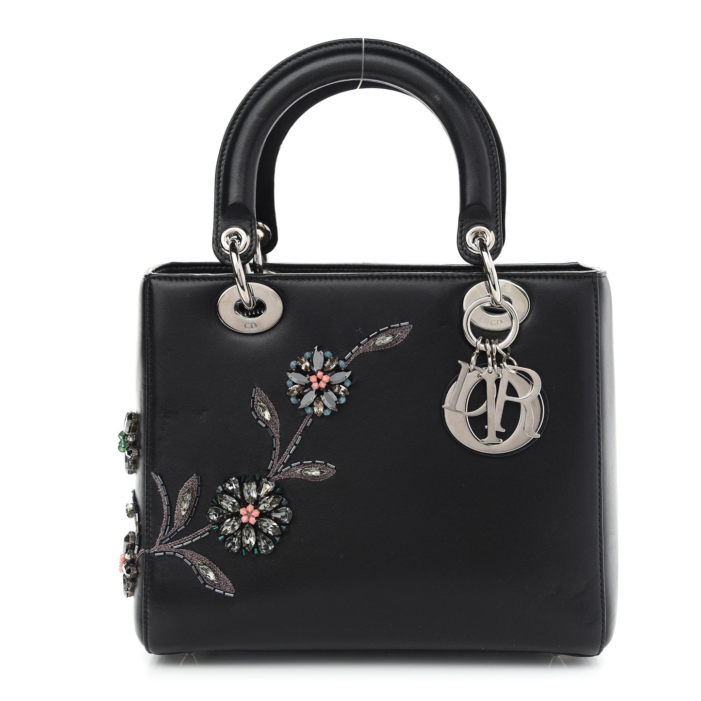 Smooth Calfskin Embroidered Beaded Floral Medium Lady Dior Black