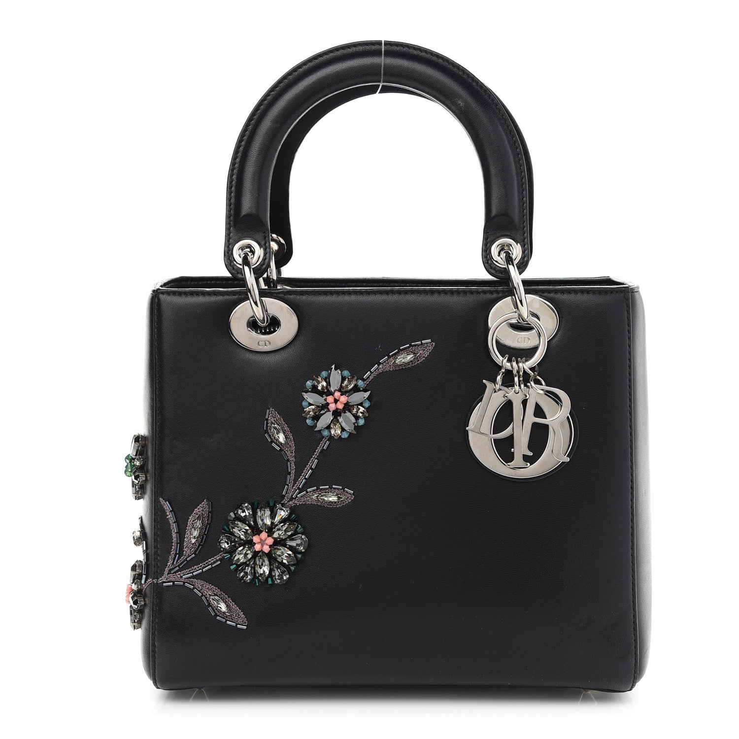 Christian Dior Smooth Calfskin Embroidered Beaded Floral Medium Lady Dior Black 1 of 12