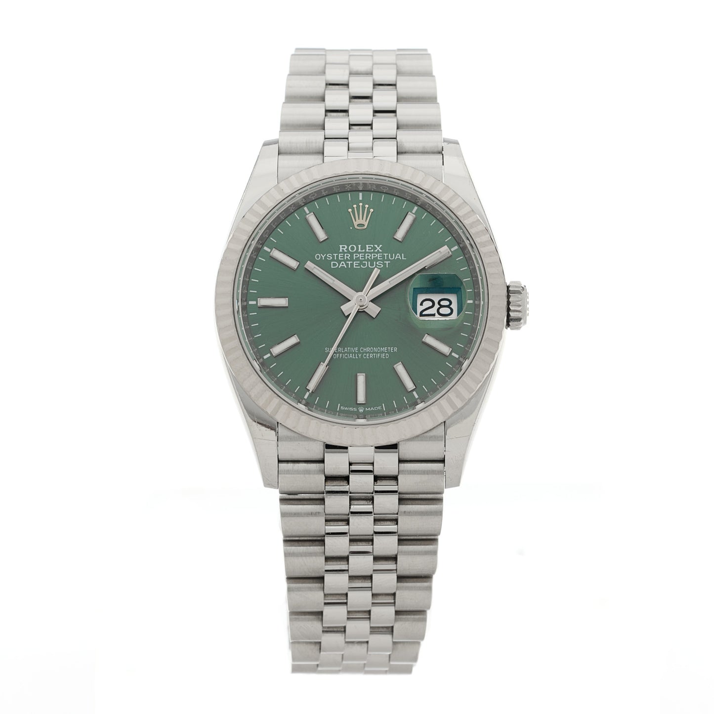 Stainless Steel 18K White Gold 36mm Oyster Perpetual Datejust Watch Mint Green 126234