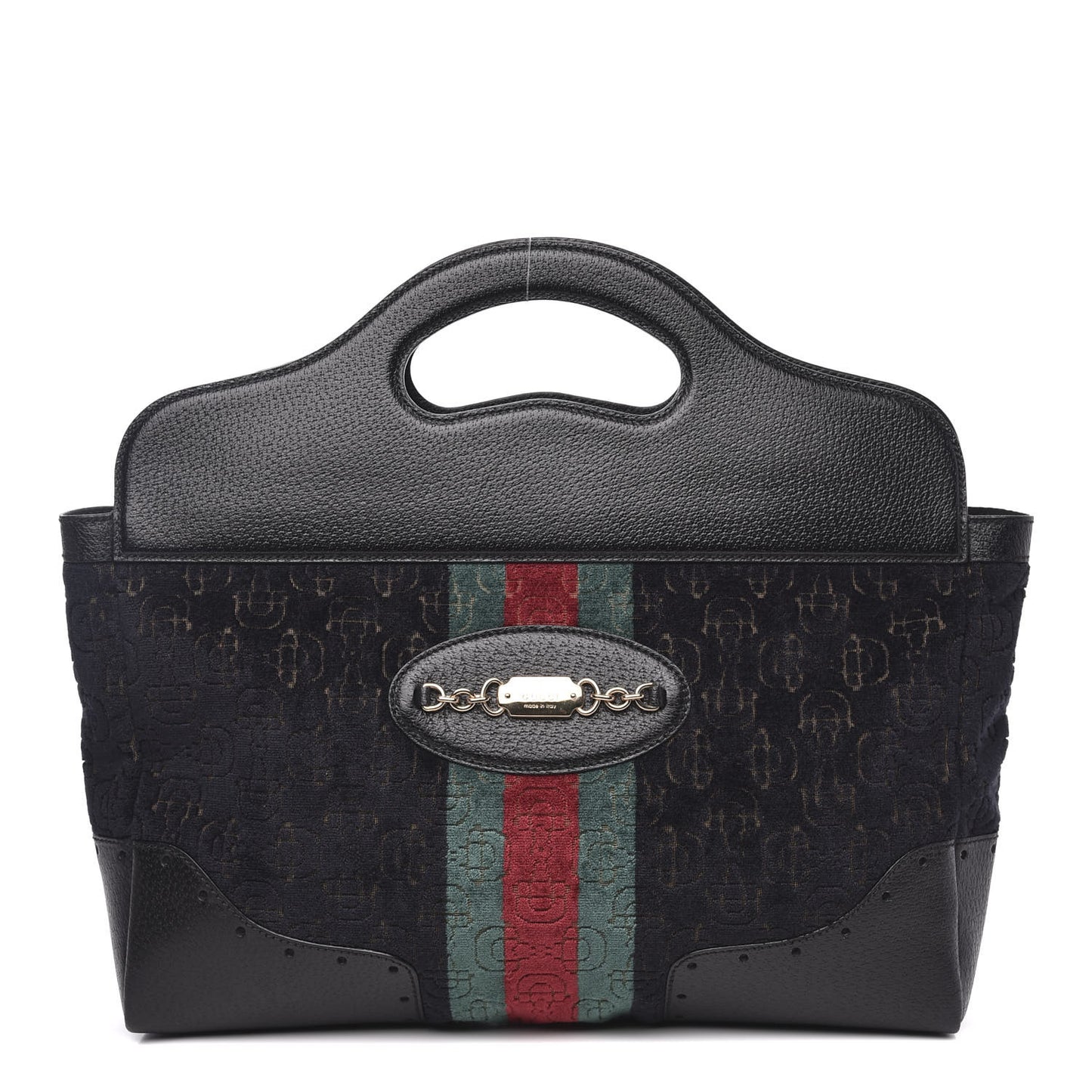 Velvet Horsebit Embossed Medium Punch Top Handle Tote Black