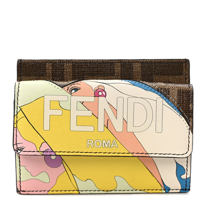 Fendi Glazed Fabric Vitello Liberty FF 1974 Logo Hairdo Girls Inlay Fold Over Card Holder Wallet Mogano Panna Multicolor 1 of 7