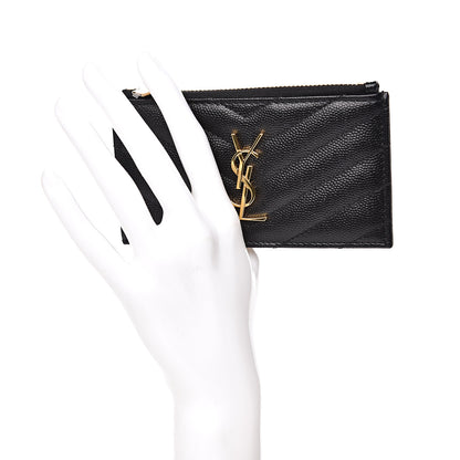 Saint Laurent Grain De Poudre Matelasse Chevron Monogram Fragments Zippered Card Case Black 2 of 9
