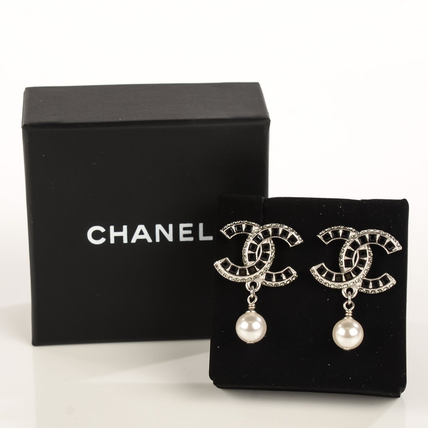 Crystal Baguette Pearl CC Drop Earrings Silver