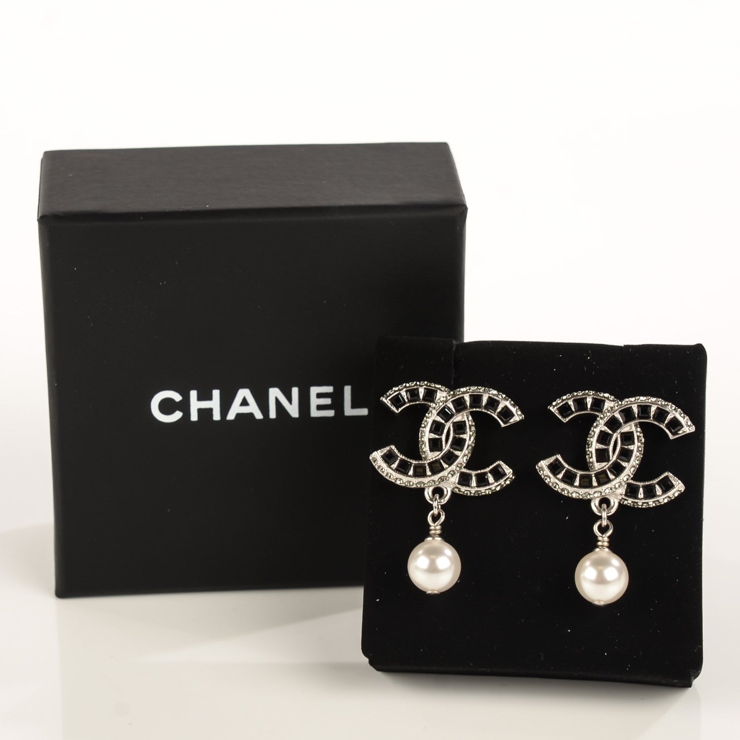 Chanel Crystal Baguette Pearl CC Drop Earrings Silver 2 of 5
